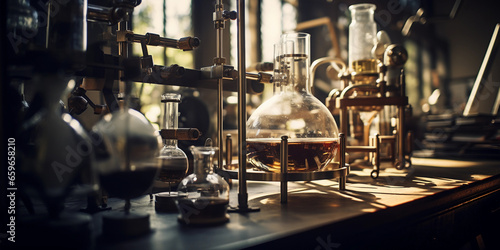 Distillation apparatus setup in a chemistry lab, glass condenser and boiling flask in focus, dramatic side lighting creating long shadows photo