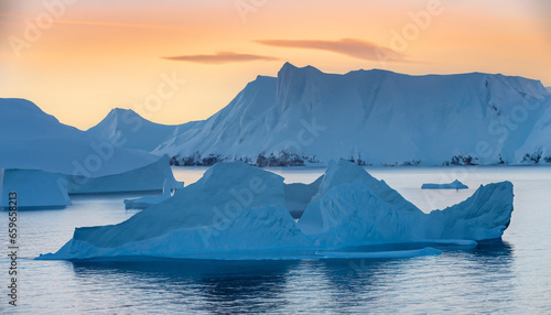 Antarctic nature landscape with icebergs in Greenland ice-fjord during midnight sun.