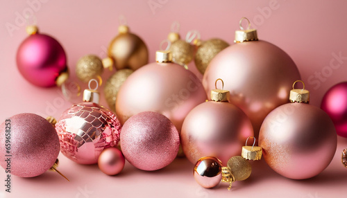 Beautiful Christmas Baubels. Pastel Pink and Gold Seasonal Background.