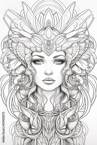 mandala illustration for coloring, girl, person, relaxation, therapeutic, print