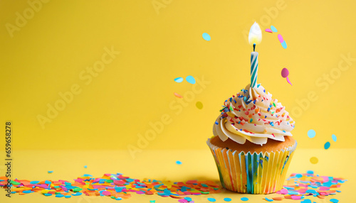 Birthday cupcake wih confetti on yellow background photo
