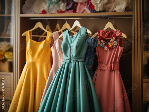 Elegant 1950s cocktail dresses hanging in a wardrobe, vibrant colors and luxurious fabrics, soft focus, ambient bedroom lighting