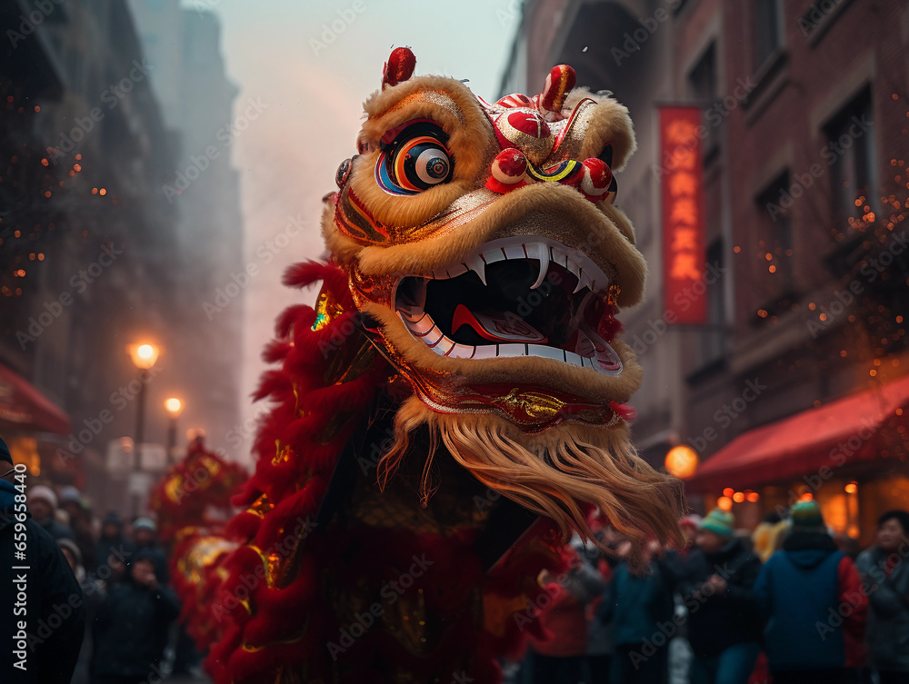 raditional Chinese New Year Parade, dragon dancers in focus, firecrackers, bright red and gold colors