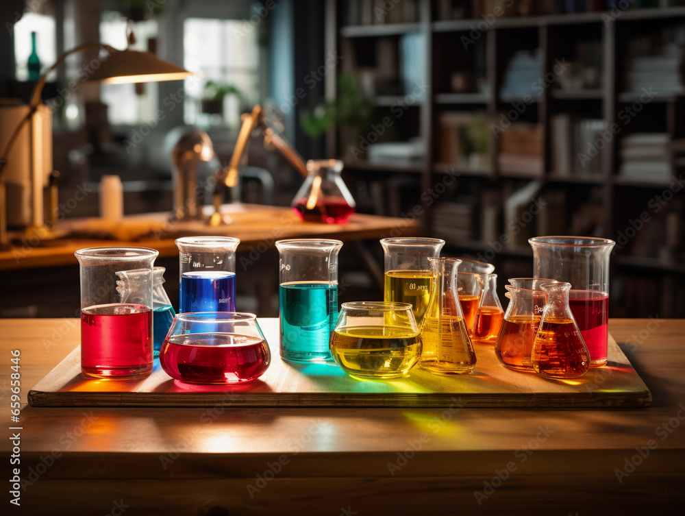 chemistry lab, multiple glass beakers containing colorful liquids on a wooden table, soft overhead lighting creating a reflective ambiance, lab instruments in the foreground chemistry lab, multiple glass beakers containing colorful liquids on a wooden table, soft overhead lighting creating a reflective ambiance, lab instruments in the foreground