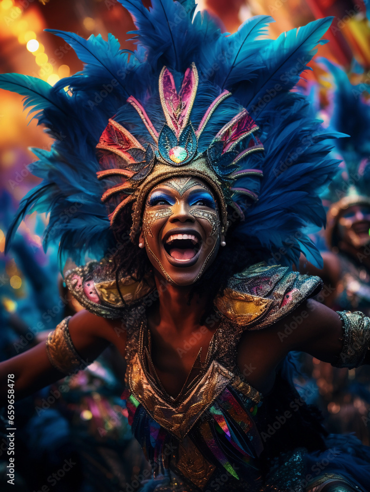 Brazilian Carnival Parade, samba dancers in colorful feathered costumes ...
