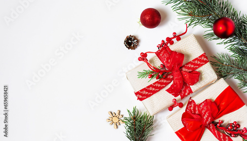 Christmas composition. Gifts  fir tree branches  red decorations on white background. Christmas  winter  new year concept. Flat lay  top view  copy space
