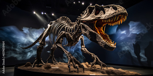 natural history museum, life - size Tyrannosaurus Rex skeleton centerpiece, softly lit with spotlight © Gia