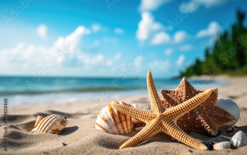 Starfishes and shells on white sand coconut trees beach