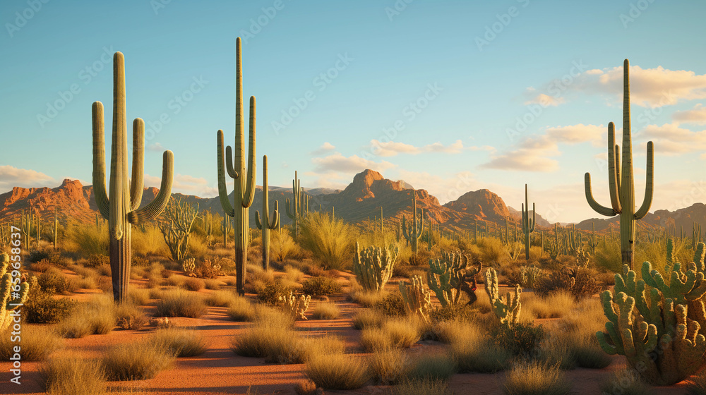 dense cluster of saguaro cacti at sunset, golden hour lighting casting long shadows