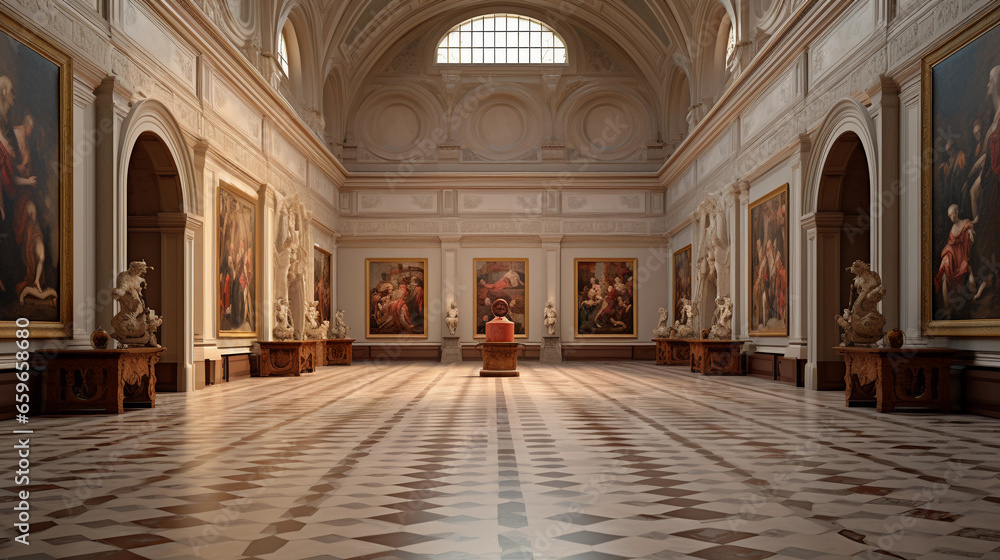 Renaissance art, warm ambient lighting, paintings aligned symmetrically on beige walls, highly detailed, museum guard in the distance, Carrara marble flooring