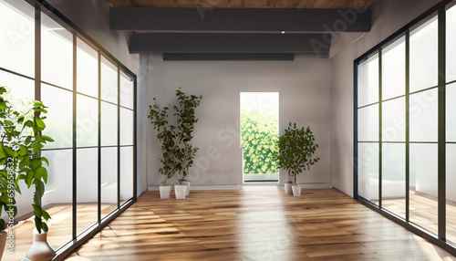 empty room of modern contemporary loft with plants on wooden floor
