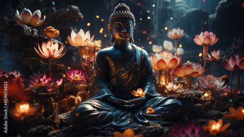 Buddha, Maravichai posture sitting in the middle of large multi-colored lotus flowers.generative ai
