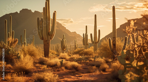dense cluster of saguaro cacti at sunset, golden hour lighting casting long shadows