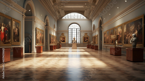 Renaissance art, warm ambient lighting, paintings aligned symmetrically on beige walls, highly detailed, museum guard in the distance, Carrara marble flooring © Gia