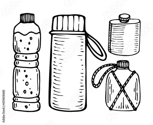 Travel thermos, flask sketch. Bottle water, hot tourist tea. Hand drawn line art.