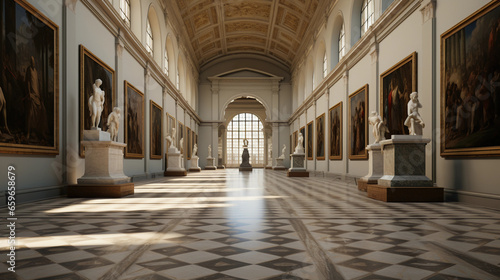 Renaissance art, warm ambient lighting, paintings aligned symmetrically on beige walls, highly detailed, museum guard in the distance, Carrara marble flooring © Gia