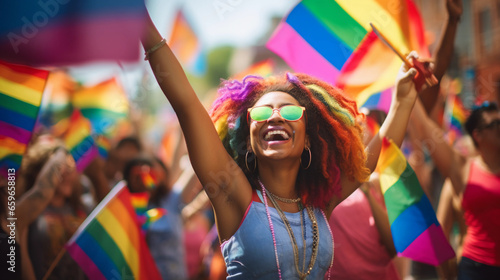 vibrant LGBTQ + Pride Parade, people waving rainbow flags, joyous expressions, crowd in the background