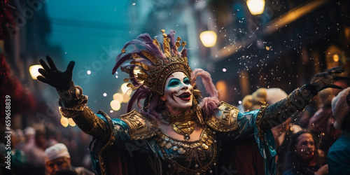 a Mardi Gras parade, focus on a float with jesters and elaborate costumes, beads flying through the air © Gia