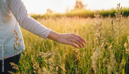 Hand of traveling woman touching meadow in the rays of the sunset summer, Female walks through the field in thick high grass.