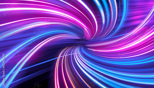 neon stripes in the form of drill turns and swirl illustration of high speed concept image of speed motion on the road abstract background in blue and purple neon glow colors