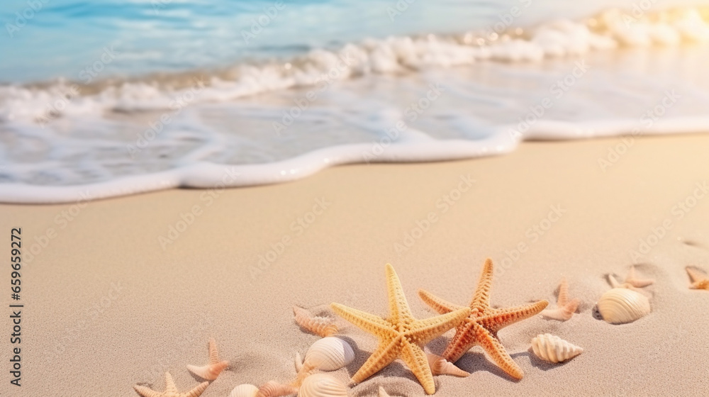 Seashells and sea stars in sandy beach in front of the waves, travel background Seashells and sea stars in sandy beach in front of the waves, travel background