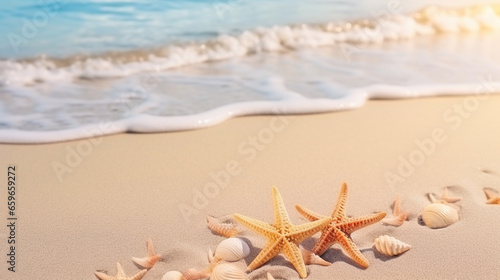 Seashells and sea stars in sandy beach in front of the waves, travel background