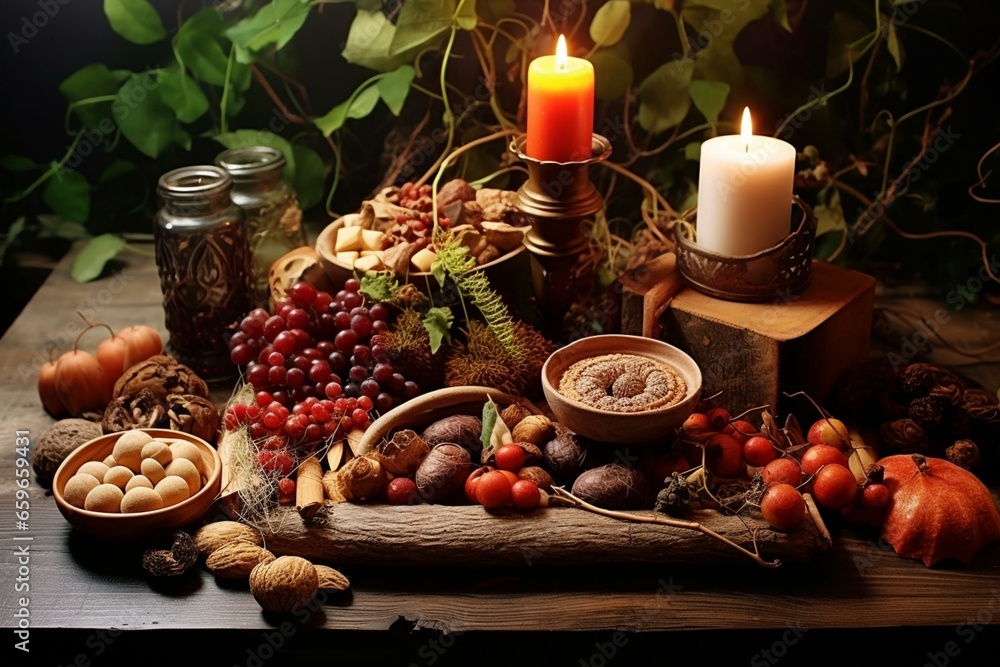 Anime-style forest altar with candle, fruits, nuts, berries and leaves for autumnal Mabon sabbat. Esoteric ritual. Generative AI