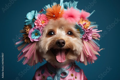 funny dog with an open mouth on a colored background in the studio