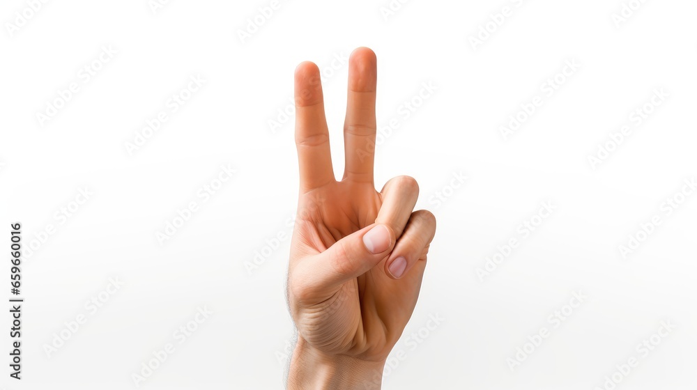 Naklejka premium A hand making the peace sign on white background, victory sign