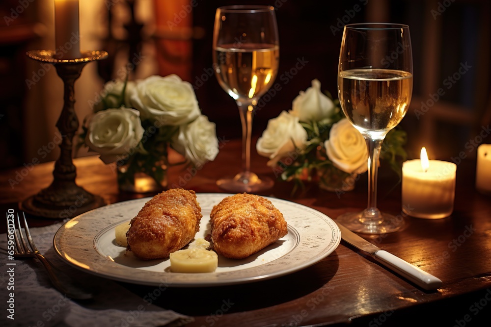 A romantic dinner scene with Chicken Kiev served on a candlelit table, accompanied by a glass of wine and elegant table settings, creating a romantic and intimate ambiance