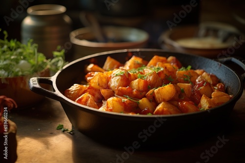 Patatas Bravas: A rustic platter of golden fried potatoes served in a cast-iron skillet, drizzled with tangy bravas sauce, and sprinkled with paprika, creating a warm and inviting ambiance