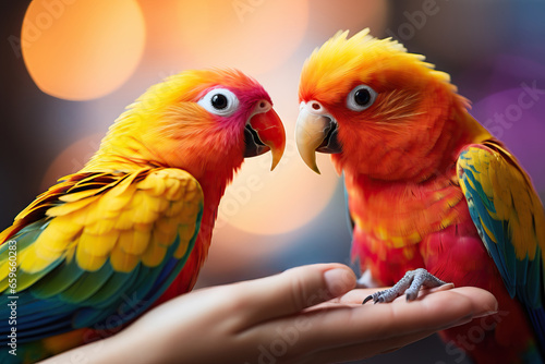 two bright parrots are sitting on the arm © artem