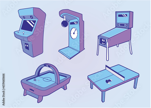 Arcade, flipper, pinball, air hockey, ping pong, boxer, punching machine, gaming, entertainment, vector, illustration,