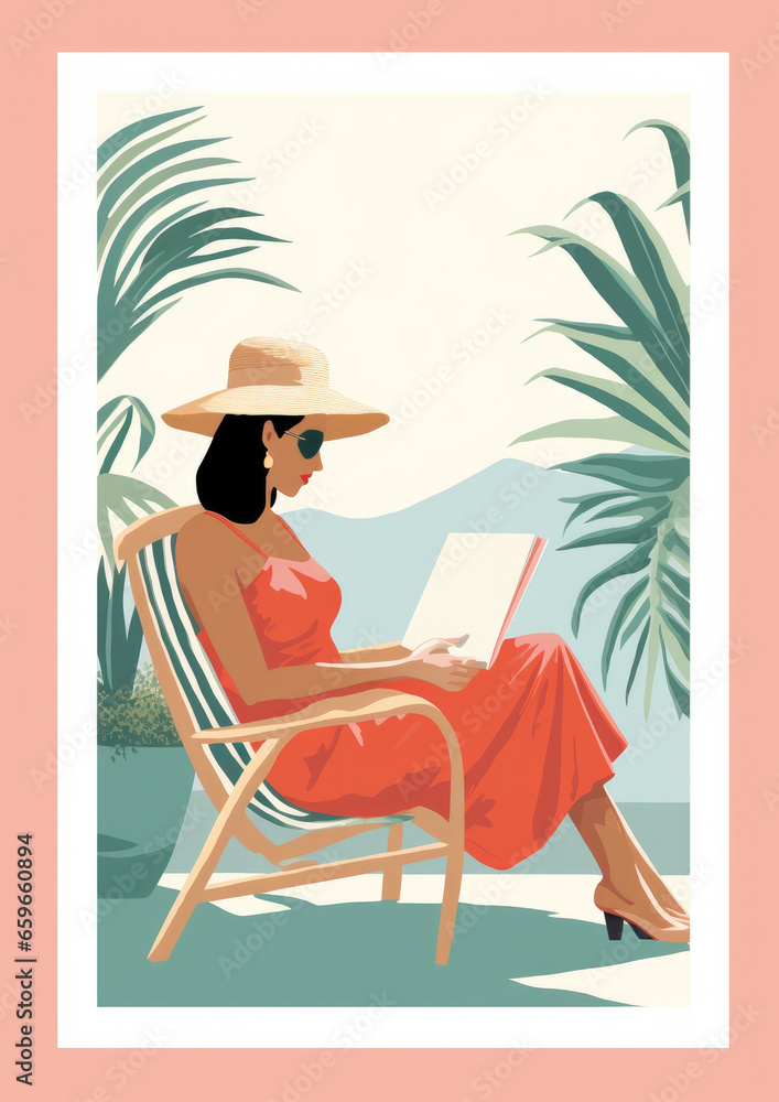 A woman reading a book or magazine, in a tropical indoor setting — lifestyle illustration in Vector Gouache style, with beautiful tropical colours A woman reading a book or magazine, in a tropical indoor setting — lifestyle illustration in Vector Gouache style, with beautiful tropical colours