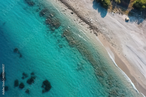 Aerial view of turquoise sea and white sand beach 
