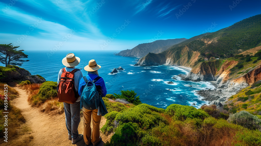 Enior couple admiring the scenic Pacific coast while hiking, filled with wonder at the beauty of nature during their active retirement Enior couple admiring the scenic Pacific coast while hiking, filled with wonder at the beauty of nature during their active retirement