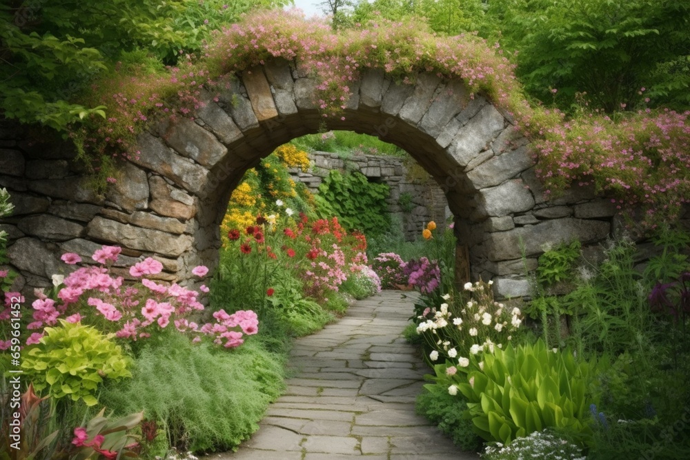 Garden: stone arch gateway wrapped in blooming flowers. Generative AI