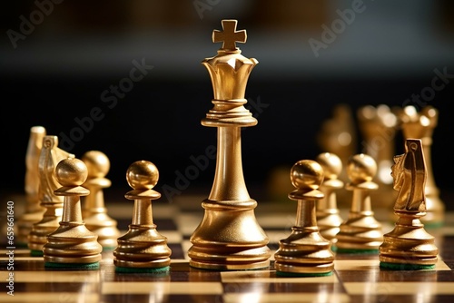 Game of chess, king on board amid falling pieces, triumph and tactical triumph. Generative AI