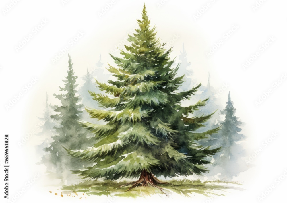 Evergreen christmas tree grove watercolor illustration isolated on white with snow. Several trees.