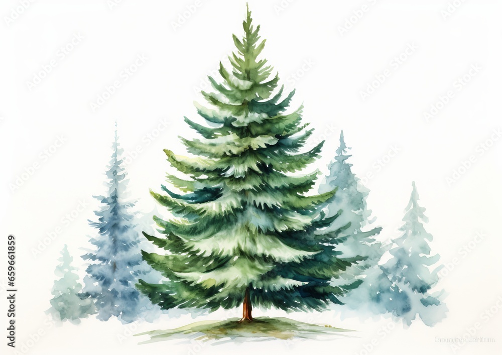 Evergreen christmas tree grove watercolor illustration isolated on white with snow