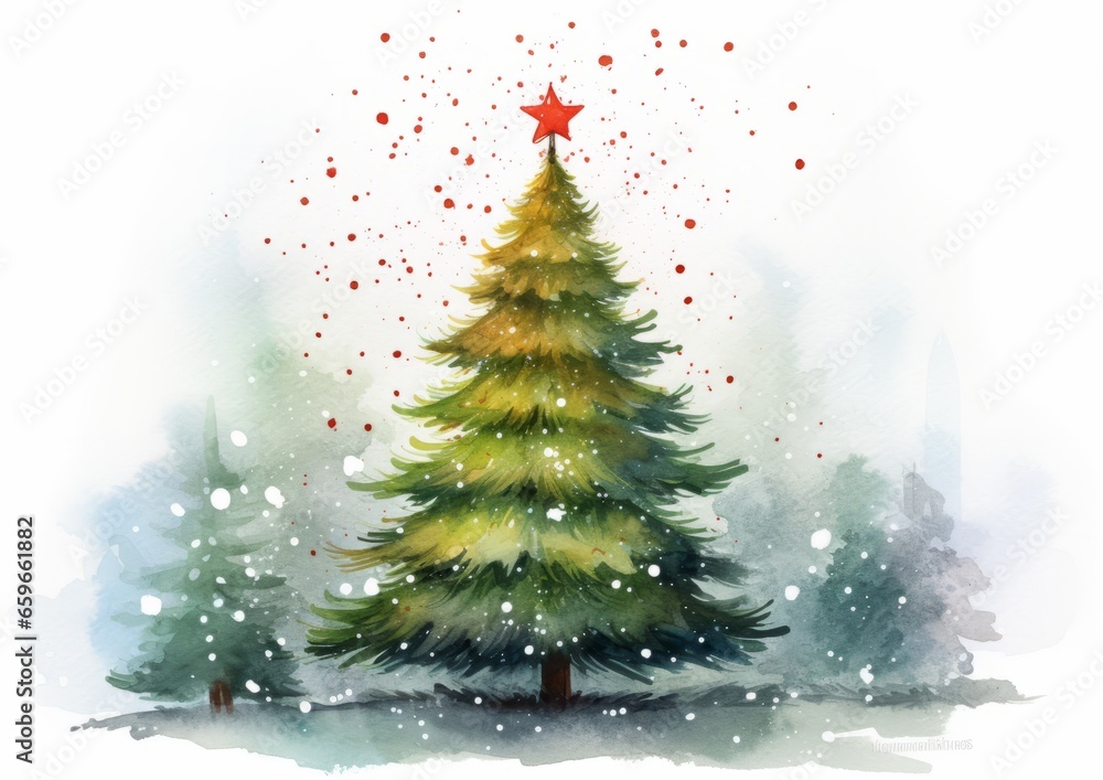 Christmas tree water color illustration isolated on white with snow. Red and green. Christmas card.