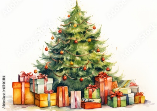 Christmas tree water color illustration isolated on white with presents. Christmas card.