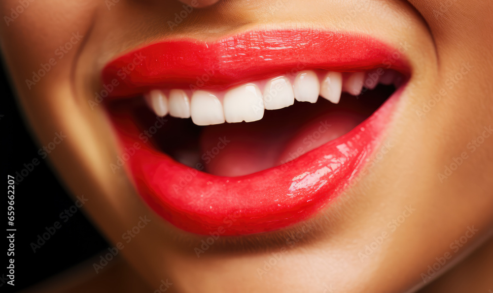 Fototapeta premium Beautiful female mouth in close up with red lipstick, professional makeup.