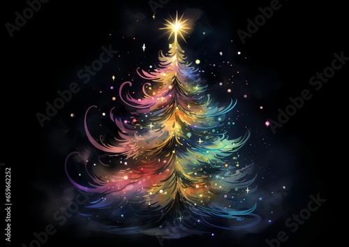 Rainbow christmas wispy tree watercolor illustration on a black background with a golden star. Perfect for a holiday Card.