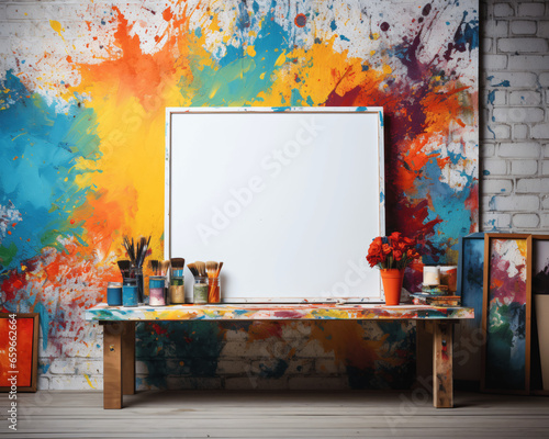 Blank artist canvas on a table with paints and brushes
 photo