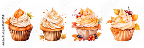 Traditional autumn pumpkin cupcakes with whipped cream set. Rustic watercolor hand painted illustration isolated on white background for menu design, print, social media