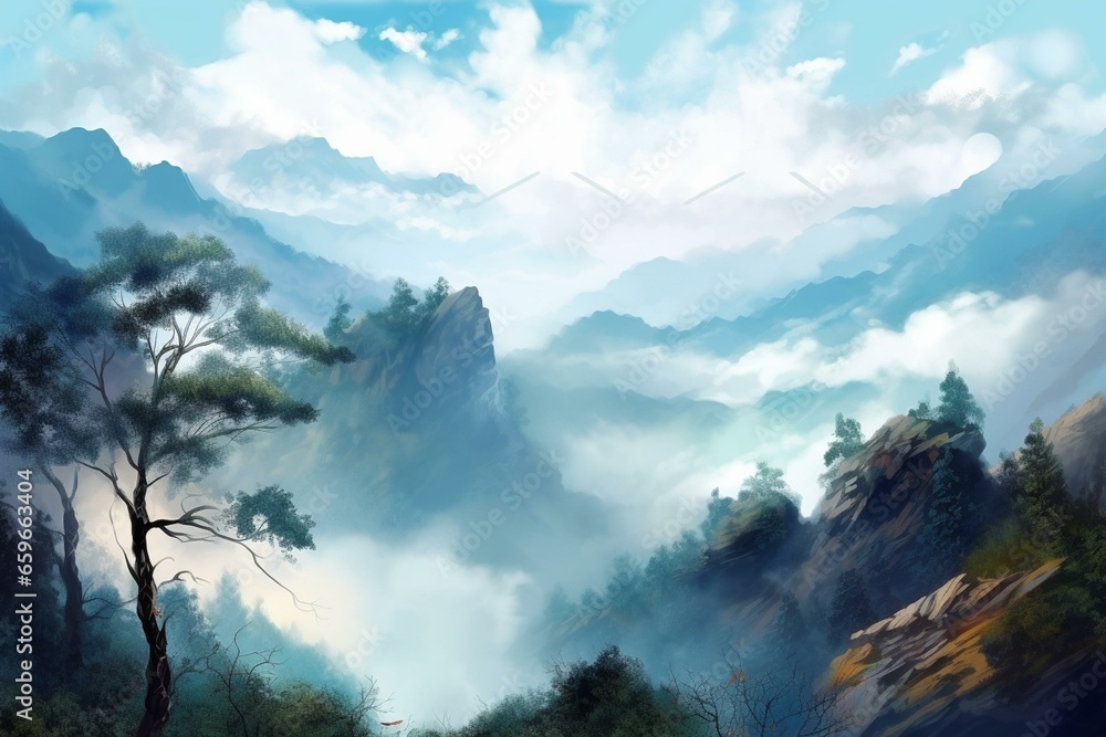 Misty mountains, trees, blue sky, clouds. Digital artwork. Generative AI