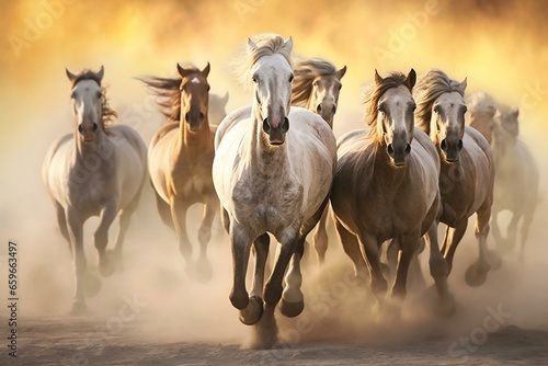 An energetic group of horses bounding in motion. Generative AI