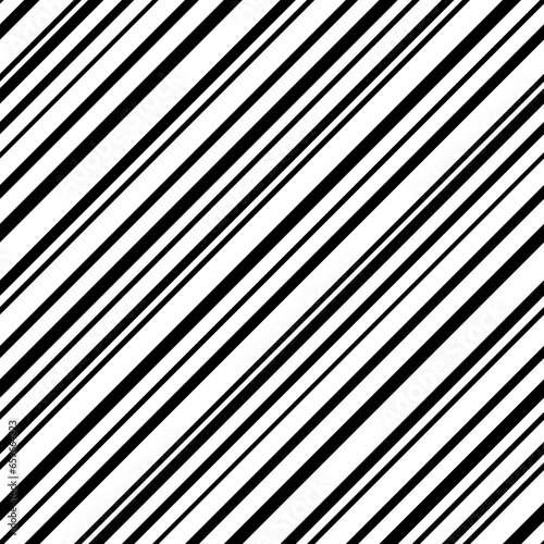Stripe diagonal seamless pattern. Repeated black stripes isolated on white background. Repeating geometric line for prints design. Irregular thickness lines. Random repeat strips. Vector illustration