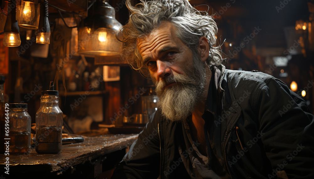Gray haired senior man with mustache sitting in leather workshop, confident generated by AI